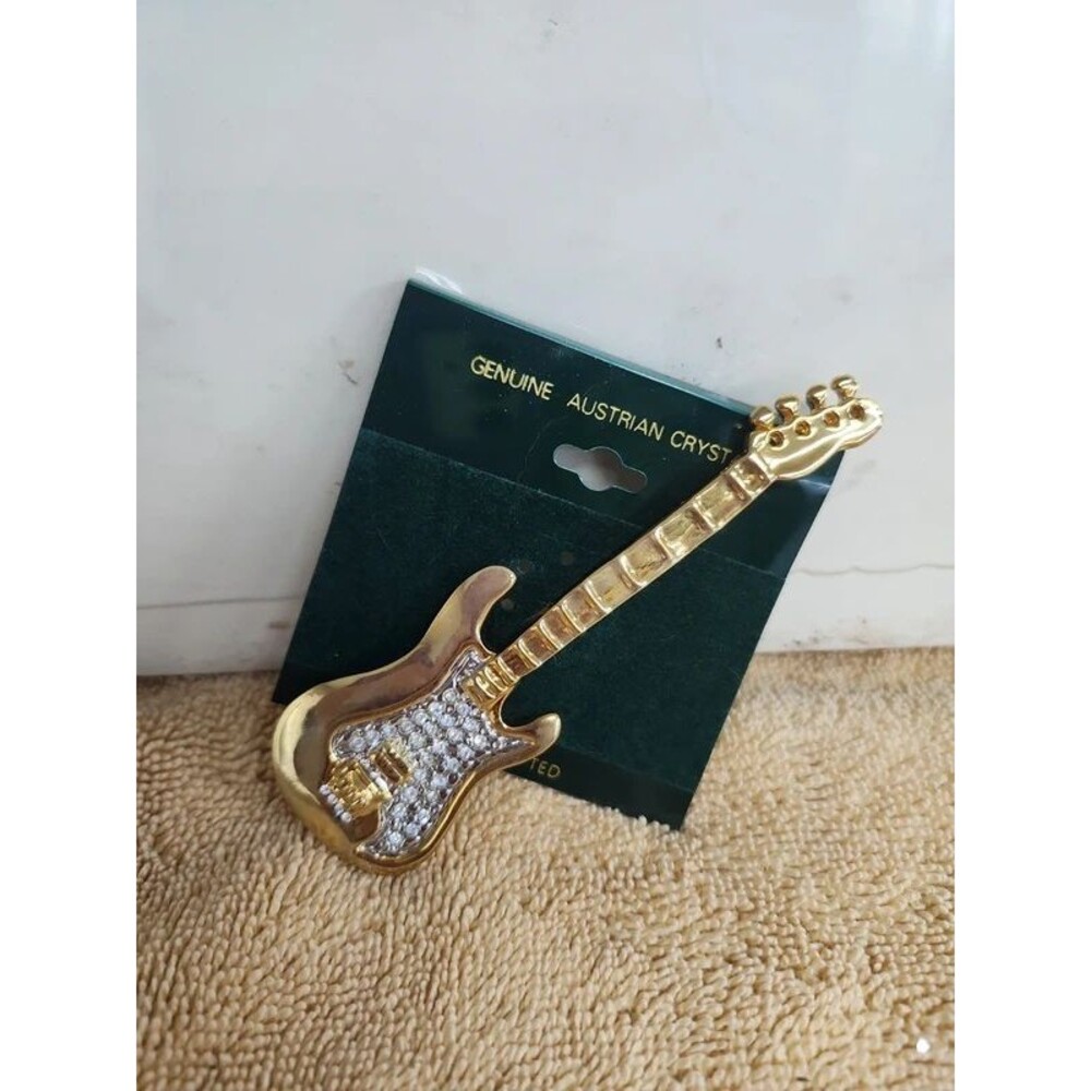 Genuine Australian crystals hand crafted gold guitar brooch